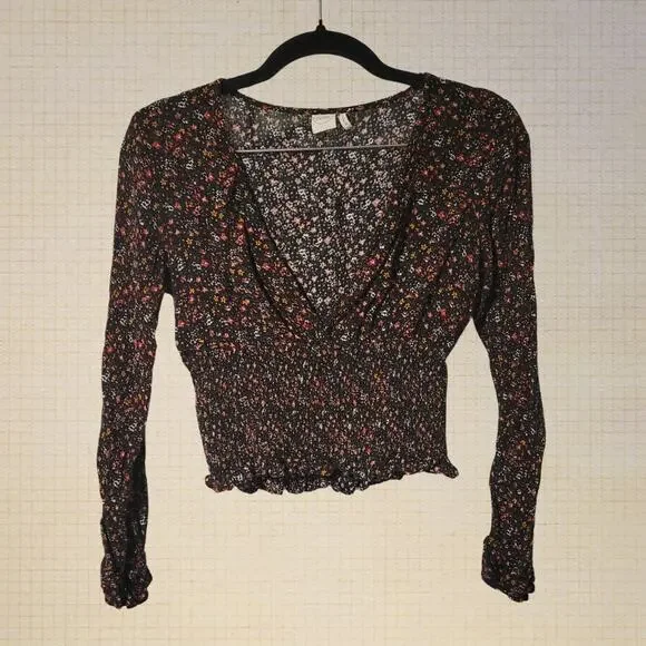 Boho Paper Crane 90s Floral Crop Top Black Deep V Neck Elastic Waist XS Longslee - Picture 1 of 7